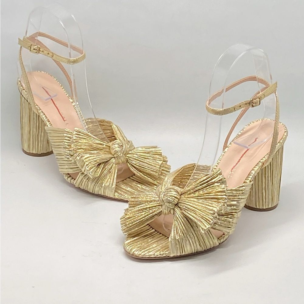 Loeffler Randall Camellia Gold Pleated Bow Heel Sandals size 6.5